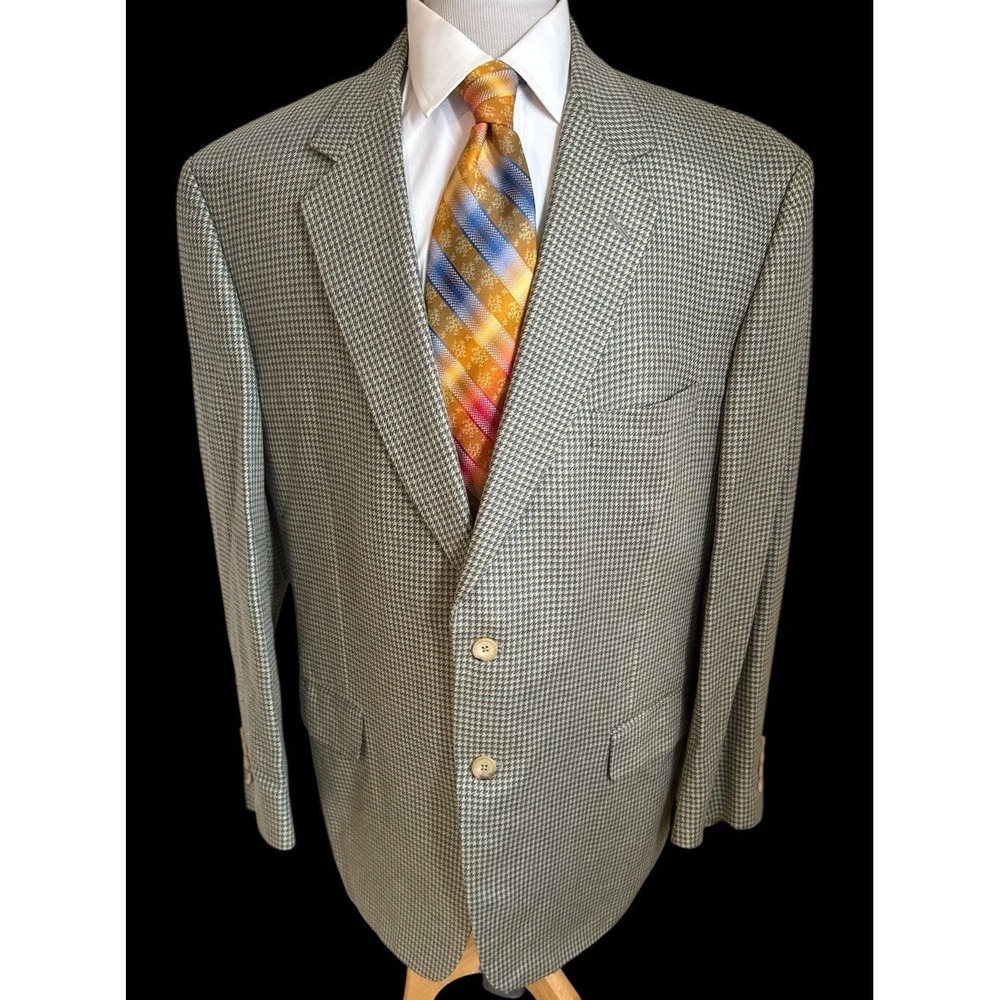 Samuelsohn Sport Coat Mens Sz 48R Green Tan Houndstooth 100% Silk Blazer Jacket